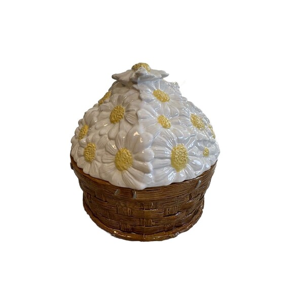 Vintage 90’s Basket Weave Daisies On Top Canister Storage Jar - Picture 2 of 7